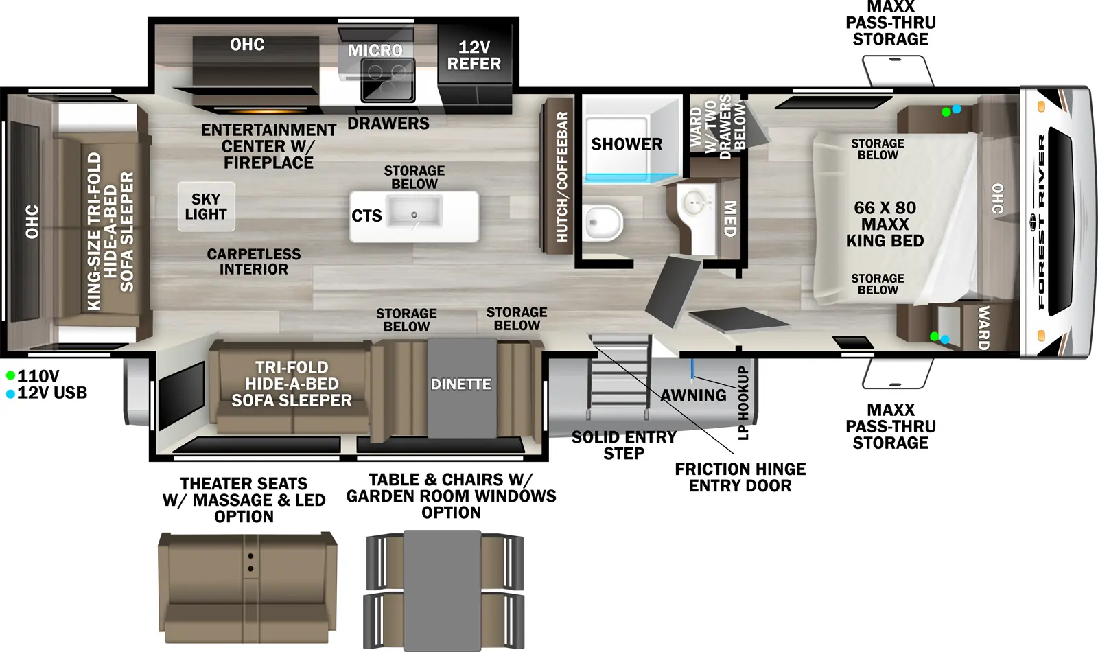 The Wildcat Travel Trailers 278RLX floorplan has one entry and two slide outs. Exterior features include: fiberglass exterior and 20' awning. Interiors features include: kitchen island, free-standing dinette option, front bedroom and rear living.